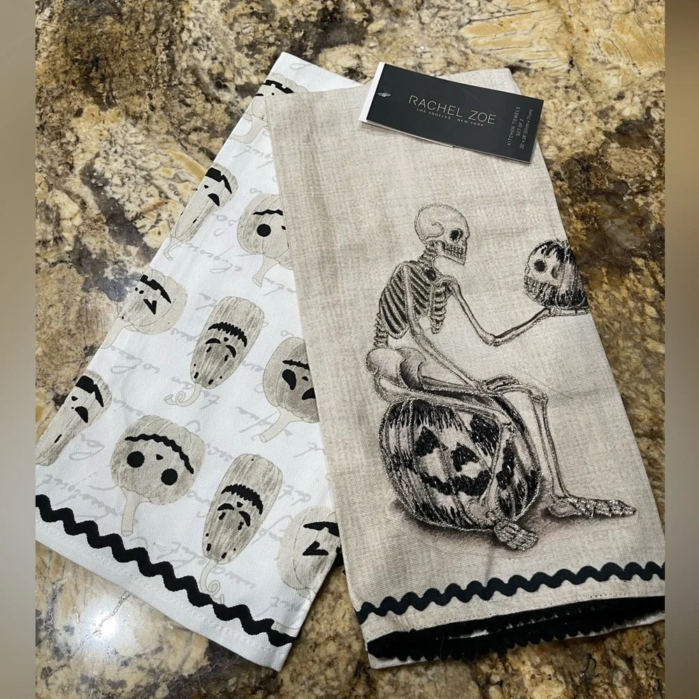 Rachel Zoe Halloween Skeleton & Jack o’Lantern kitchen towel set - Brand NEW!